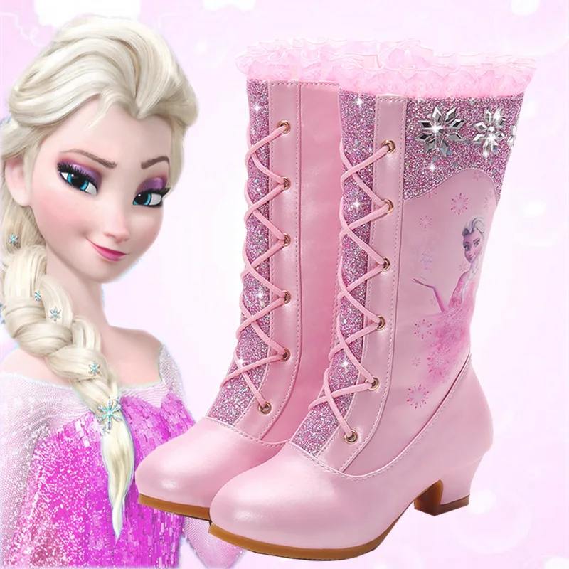 Disney Fashion Pink Girl Shoes Long Boots Disney Children Kids Warm Velvet Boots Shoes Princess Elsa High Heel Boot 26-37