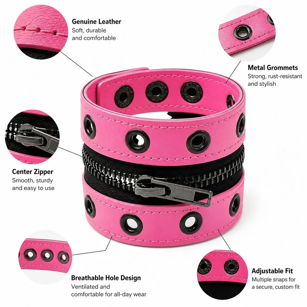 New Leather Leather Wristband Rivet Accent Wide Band Punk Arm Cuff Snap Closure Punk Style Zipper Bracelet