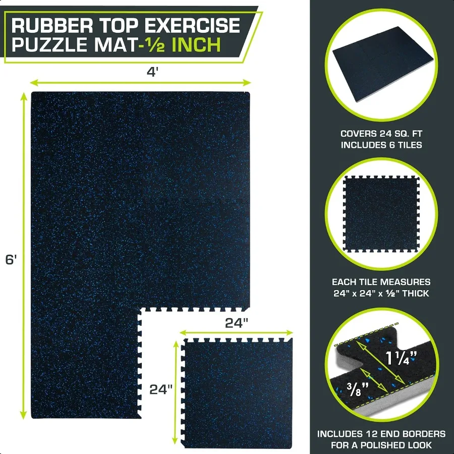 Estera de rompecabezas de ejercicio superior de goma, 3, 4 pulgadas, 48 cuadrados, 12 azulejos, azulejos entrelazados de espuma EVA para gimnasio en casa, suelo protector para equipos