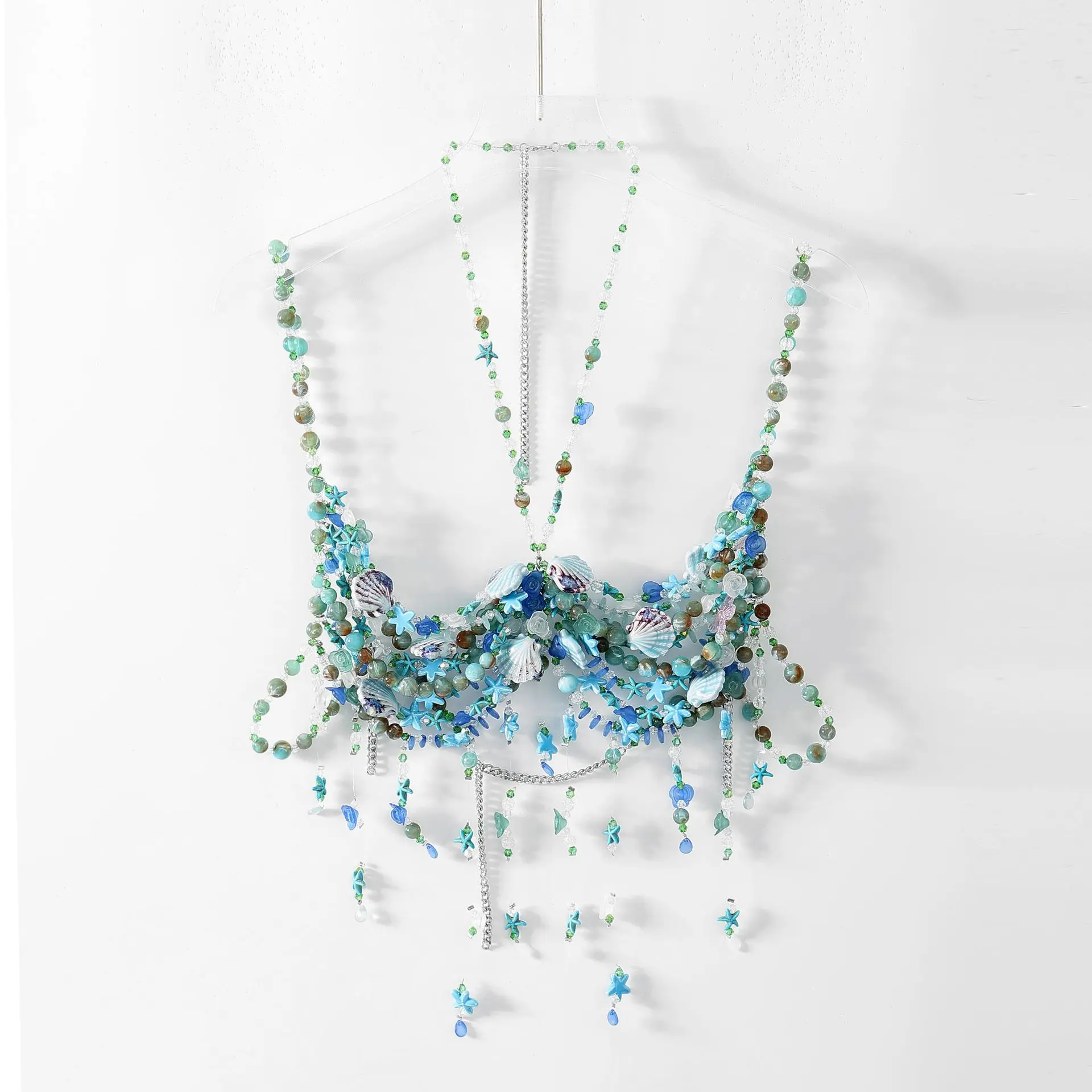 Fashionable And Sexy Gradient Color Glass Bead Chest Chain, Colorful Bead Body Chain, Adjustable Underwater World Shell Bead Top