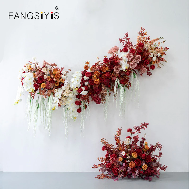 

Dark red Rose Orchid Wedding Backdrop Kt Board Decor Floral Arrangement Party Arch Hanging Flower Row Floor Floral Event Prop