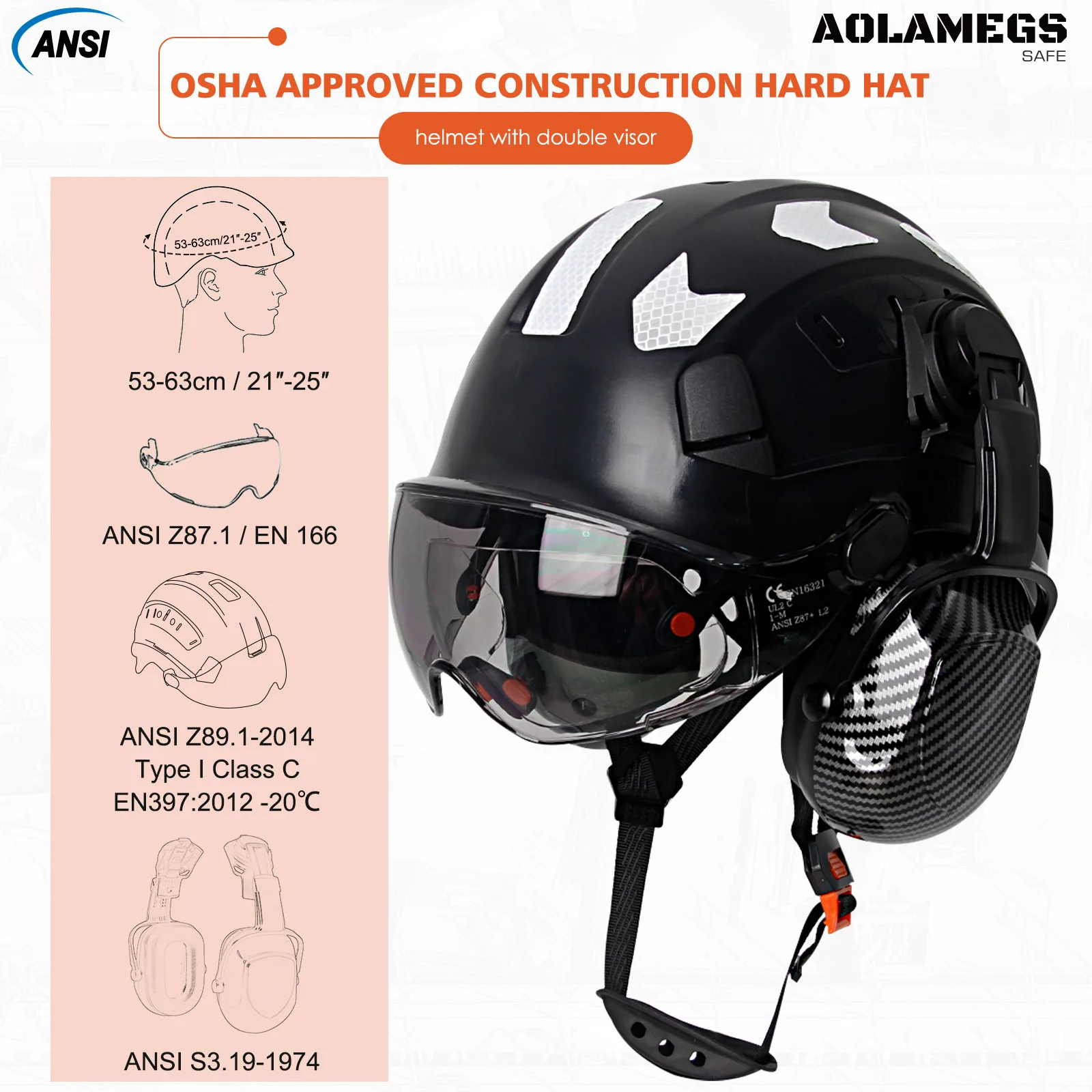 Safety Helmet With Visor Built In Goggles Carbon Fiber Pattern Earmuff Noise Reduction For Engineer Hard Hat Industrial Work Cap