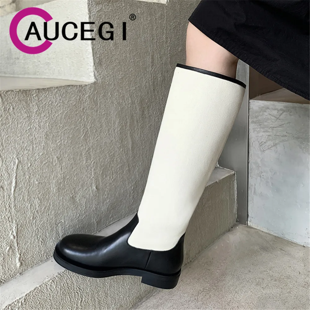 

Aucegi New Fashion Denim Splicing Genuine Leather Knee High Boots Women Slip On Autumn Winter Round Toe Low Square Heels Shoes