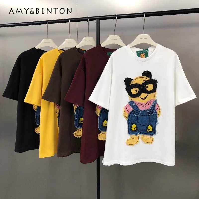 

Japanese Style Age-Reducing Y2k Tees Fashion Cartoon Sequin Patch Embroidery Trend Oversized Round Neck Short Sleeved T-shirt