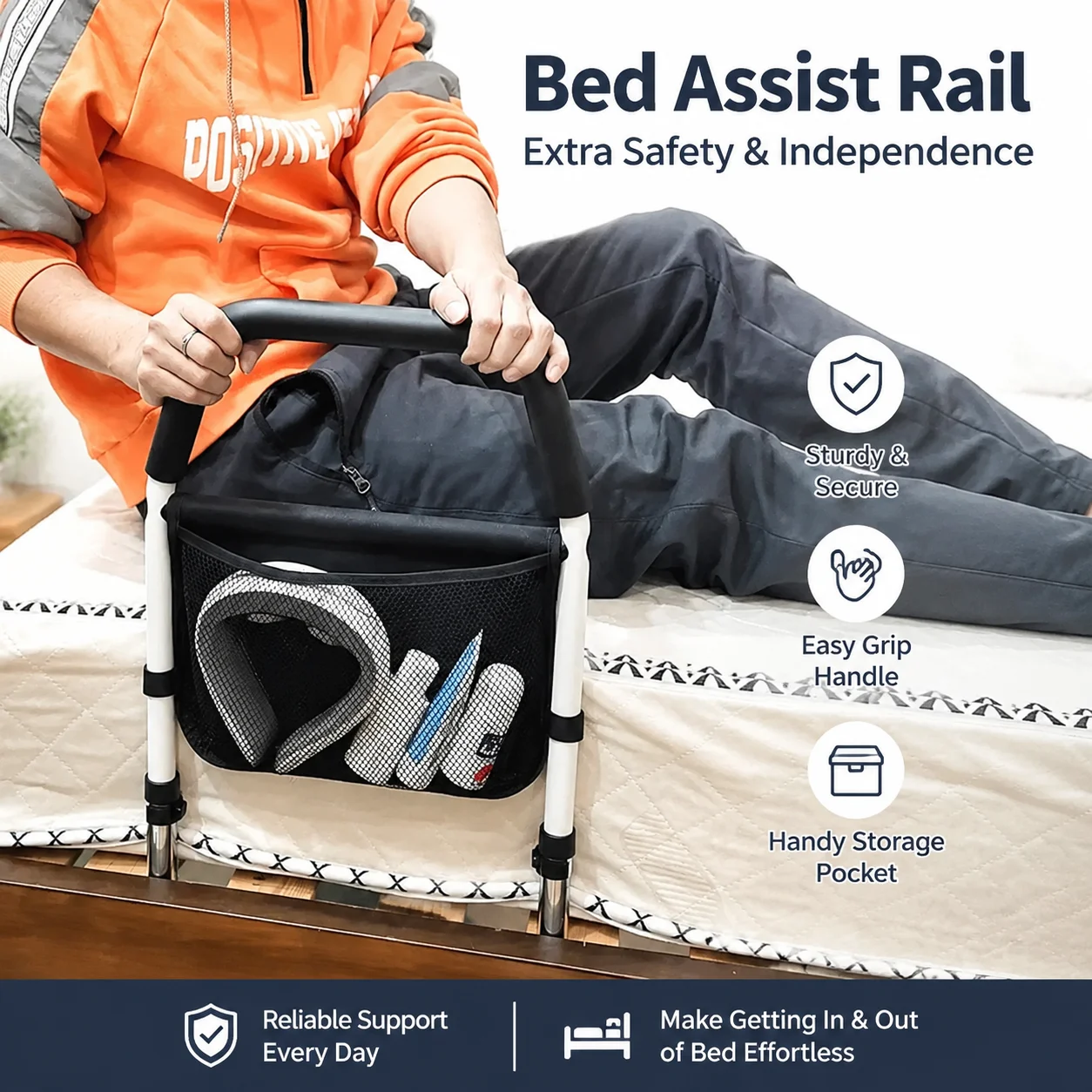 Assistive Bed Rail for Elderly Bedside Guard Rail Fall Prevention for Seniors Universal Bedside Handle without Drilling