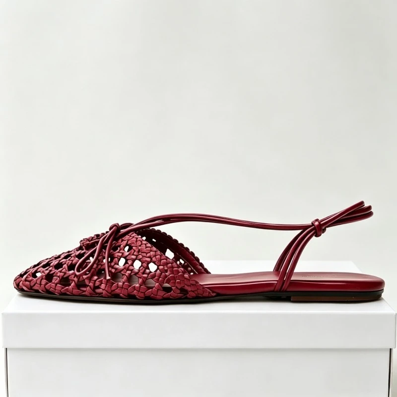 Hand Woven Back Strap Flat Sandals Women Braided Upper Design Slingback Cage Flats for Girl Cute Bow Detail Summer Casual Shoes