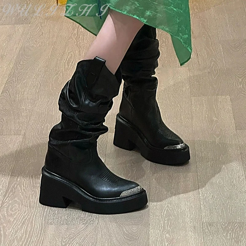 Women's Genuine Leather Pleated Modern Boots Embroidered Metal Toe Platform Female Shoes Trendy Slip-On Western Cowboy Boots