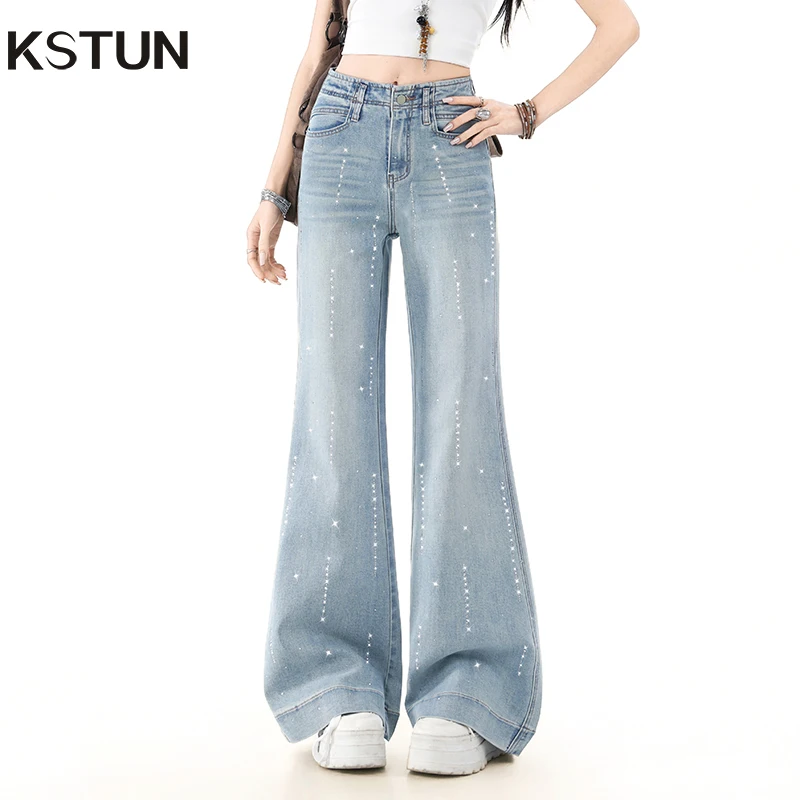 

Women's High Waist Wide Leg Jeans Sparkly Rhinestone Flared Denim Pants Casual Loose Fit Bell Bottom Trousers for Women 2026