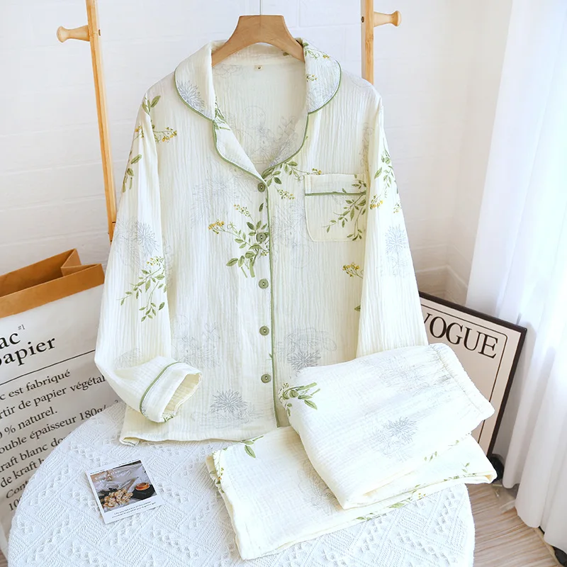 

Spring New Women's Pajama Set Cotton Home Wear Sleepwear Female Double Layer Crepe Long Sleeve Trousers Loose Home Clothes