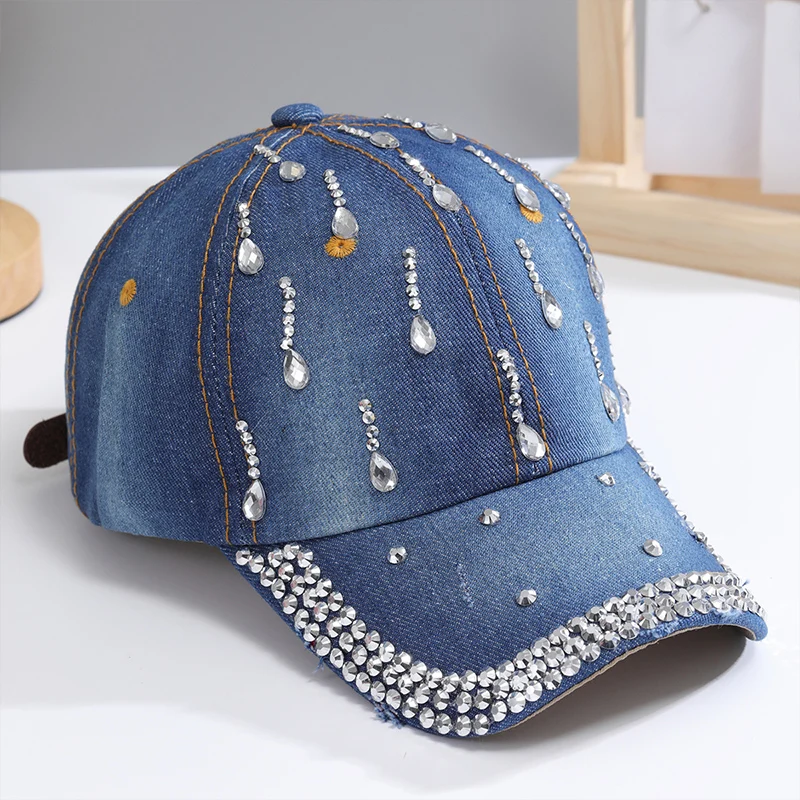 Baseball Cap for Women Sequins Rhinestone Droplets Casual Sports Cap Female Denim Cloth Adjustable Hat Sunshade Hip Hop