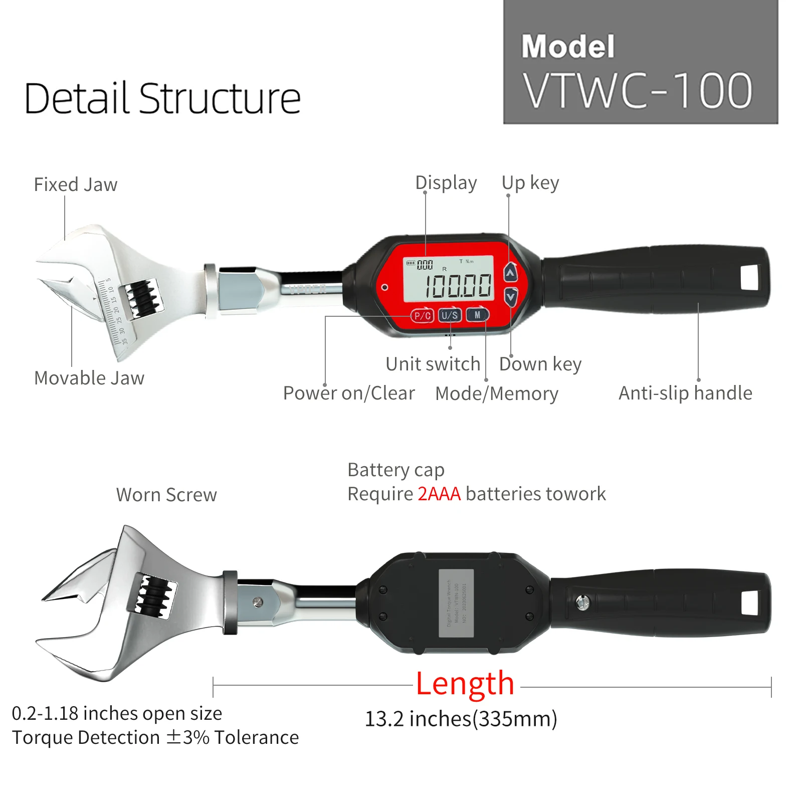 3-100 Nm Adjustable Digital Torque Wrench Spanner Head Electronic Jaw Open End Torque with Buzzer & LED, Calibrated