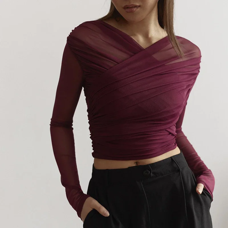 Elegant Burgundy Mesh See Through Cross Neck Crop Top Women Chic Sexy Pleated Long Sleeve T-shirt 2025 Fashion Casual Streetwear