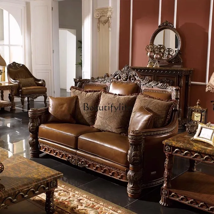 

European-style carved old sofa American luxury gold-painted leather sofa large apartment