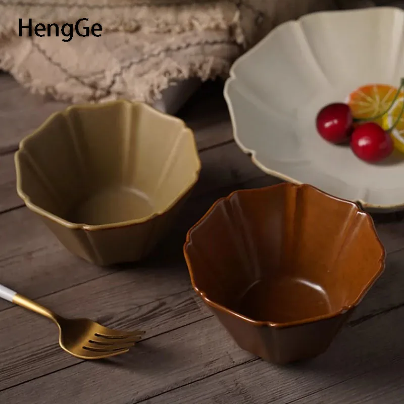 Retro Palace Style Ceramic Bowls Irregular Solid Color Small Rice Bowl Hotel High End Dessert Bowl Household Dishes Tableware