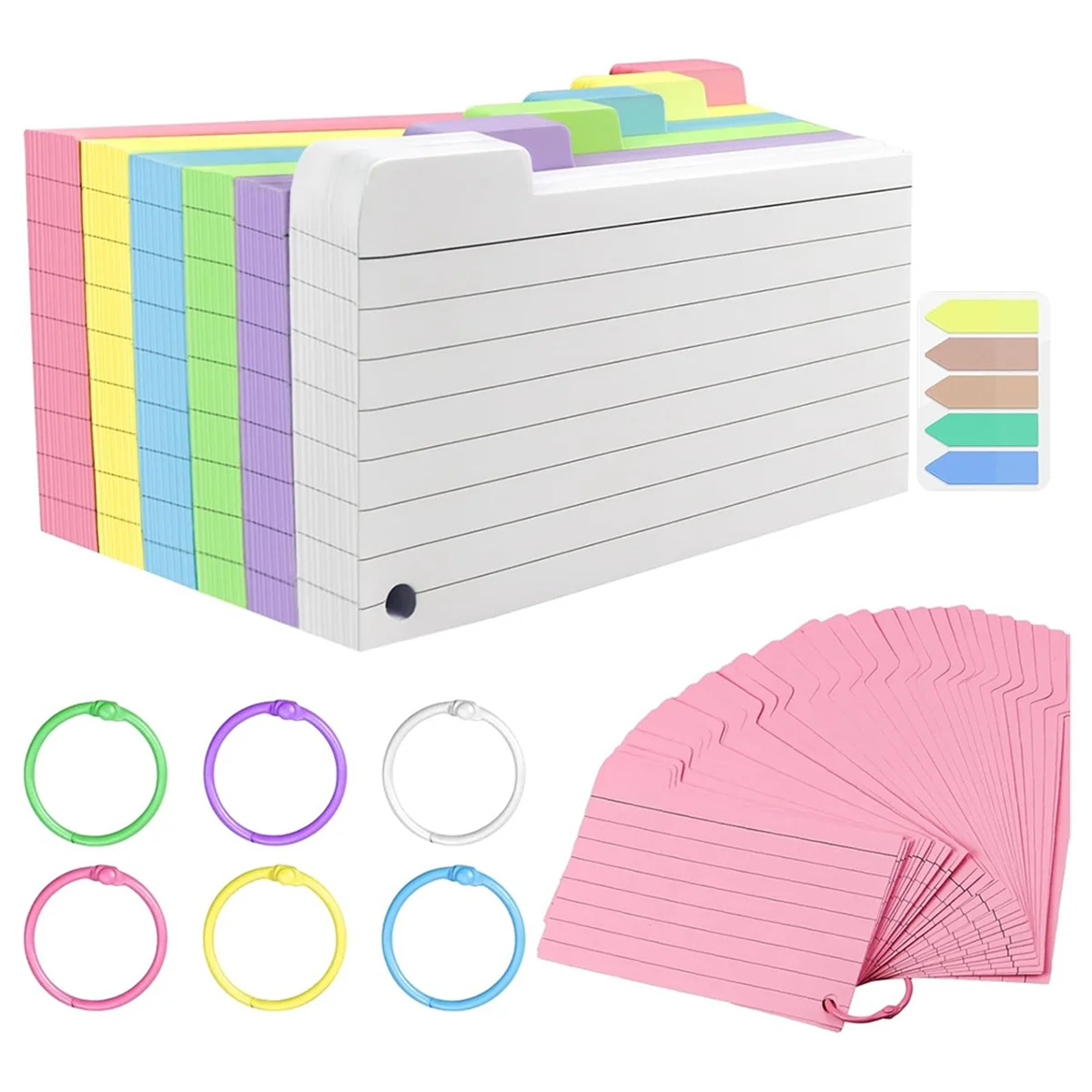 ADP-300 Pack Index Cards, 3inch X 5inch Ruled Index Cards with Ring, Colored Lined Flash Cards, Both Sides Note Cards