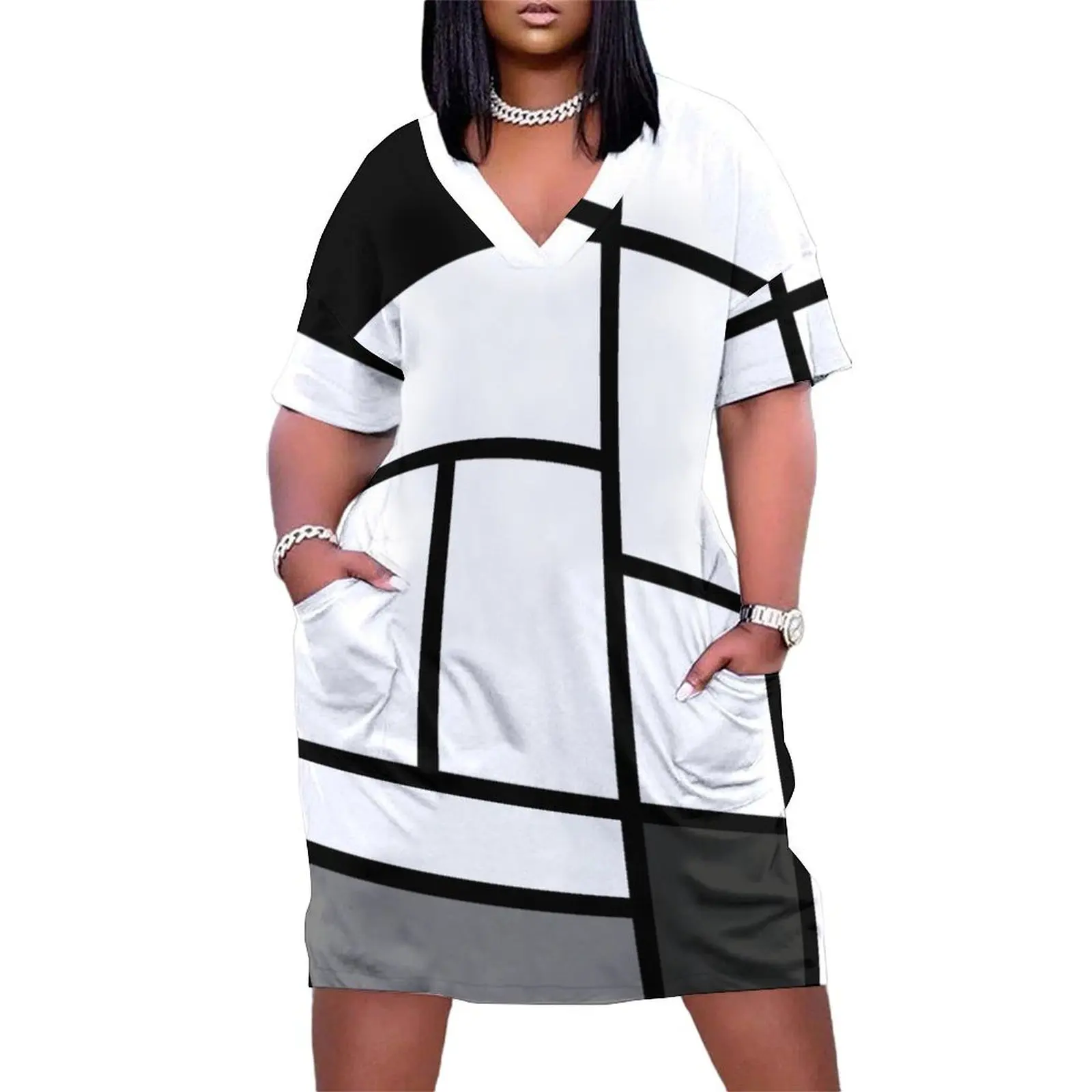 Mondrian (noir et blanc) Minimalist De Stijl Art moderne - Souvenir de cadeau de musée (design abstrait) Robe à poches amples