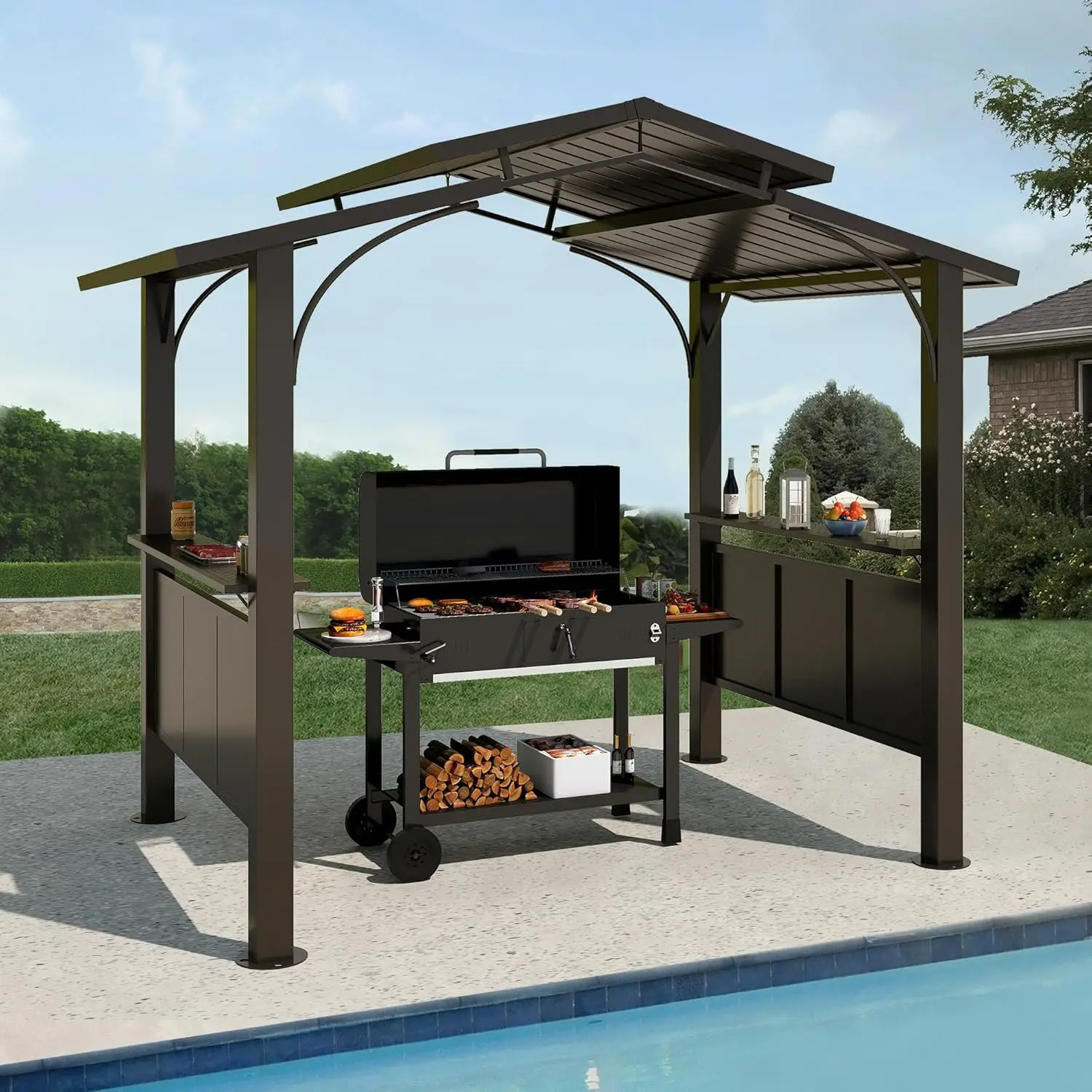 

8x5FT Outdoor Hardtop Grill Gazebo Double Tier Steel Vented Roof 2 Shelves Patio Backyard Garden Pool Customized