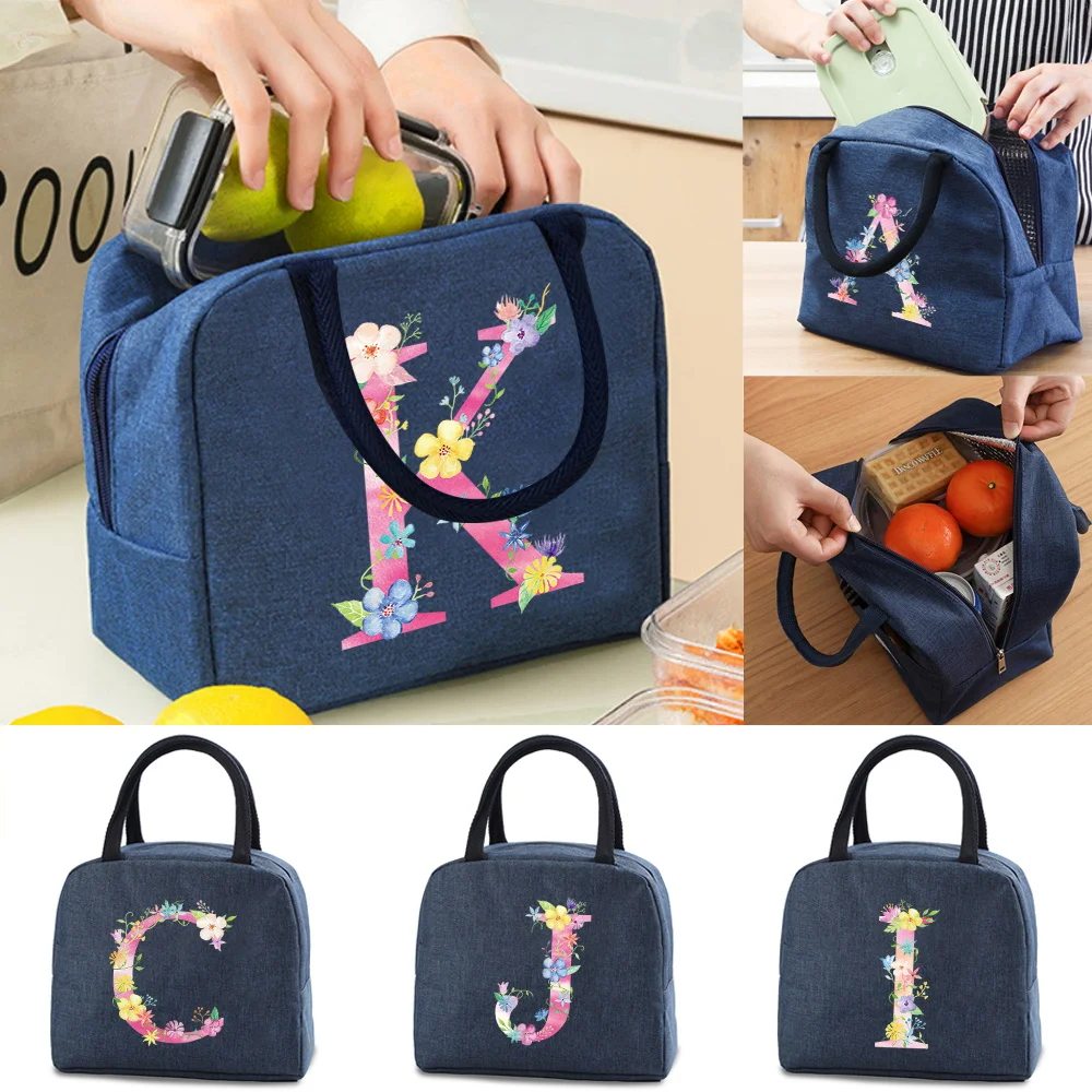 2022 Insulated Cooler Bags Lunch Bag Kids Food Thermal Lunch Box Women Picnic Canvas Packet Organizer Pink Letter Print Handbag