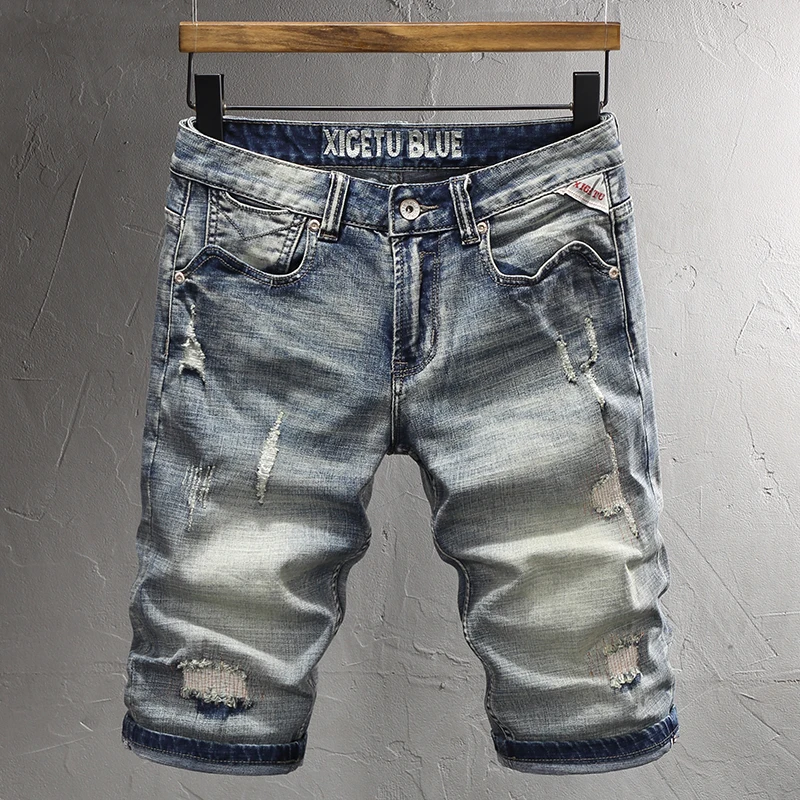 

Fashion Designer Men Jeans High Quality Retro Washed Blue Stretch Patched Ripped Short Jeans Summer Vintage Denim Shorts Men