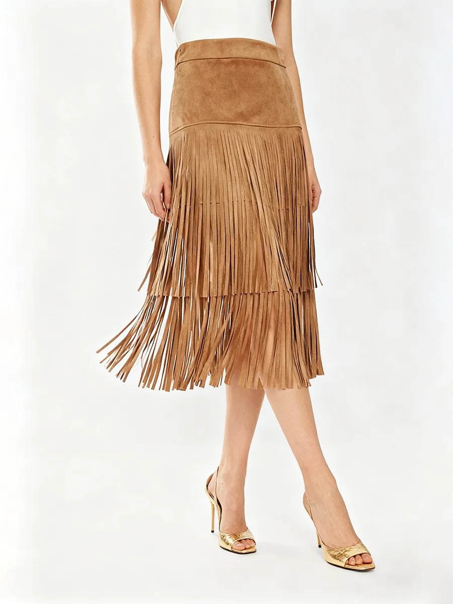 TWOTWINSTYLE, faldas largas con diseño de borlas empalmadas lisas para mujer, falda con temperamento de cintura alta, ropa de moda femenina nueva