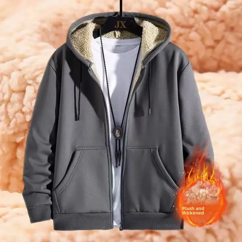 Men's Thickened Fleece-Lined Jacket Autumn Winter Woolen Sweatshirt Hooded Cardigan Solid Color Top For Teenagers Casual Scene