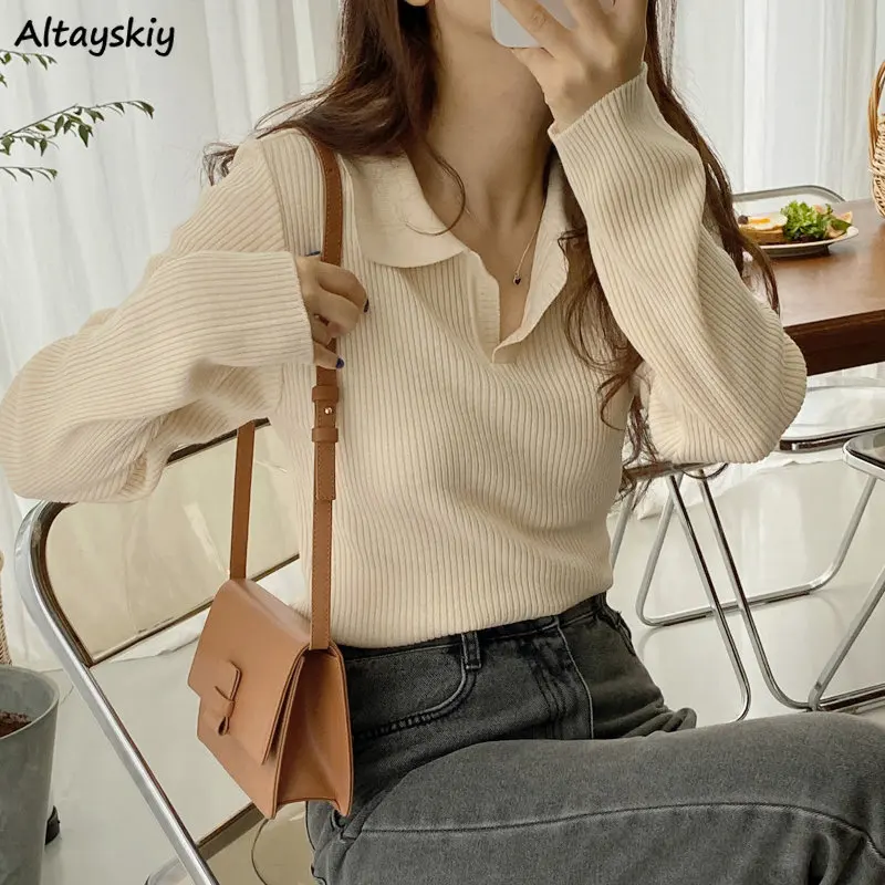 

French Style Temper Pullovers Women Office Ladies All-match Slim Tender Popular Simple Pull Femme Solid Mature Female Casual Ins