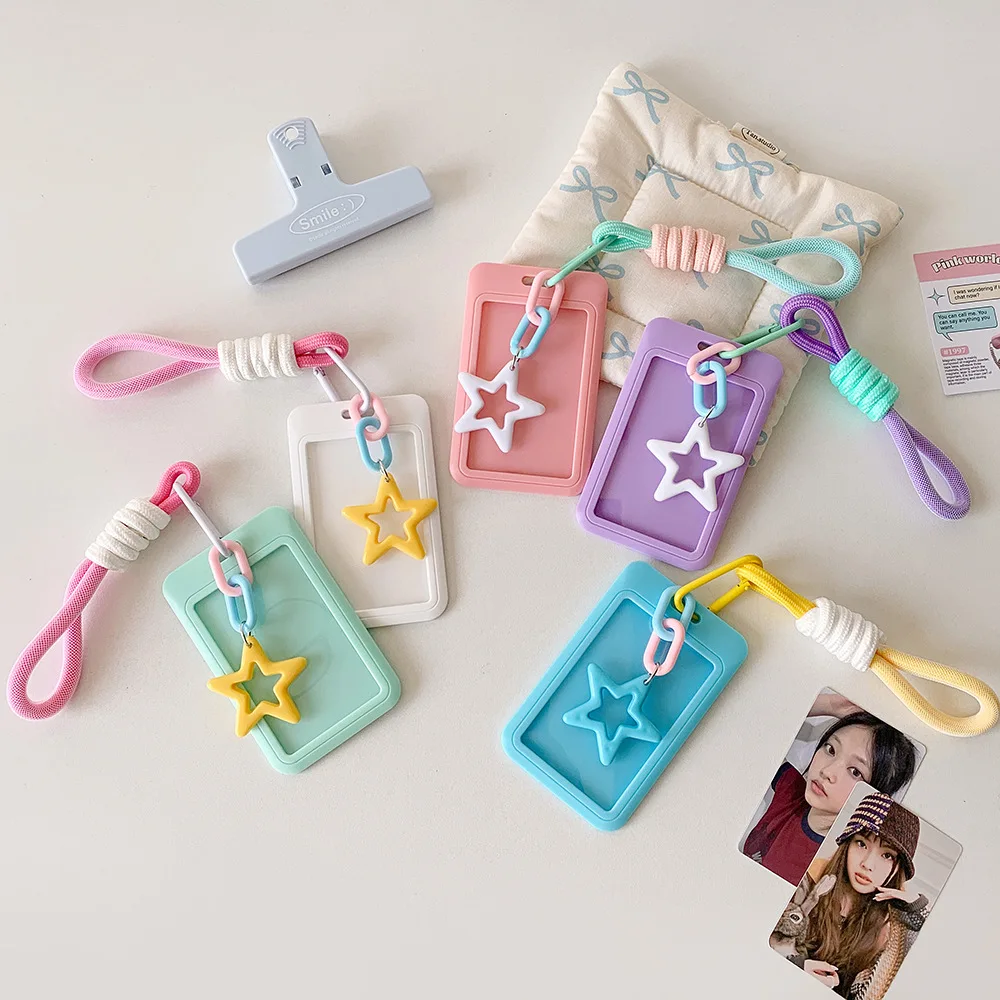 INS Morandi Colorful Star Pattern Sliding Cover Woven Rope Keychain Campus Work Card Protection Kpop Idol Photo Card Holder