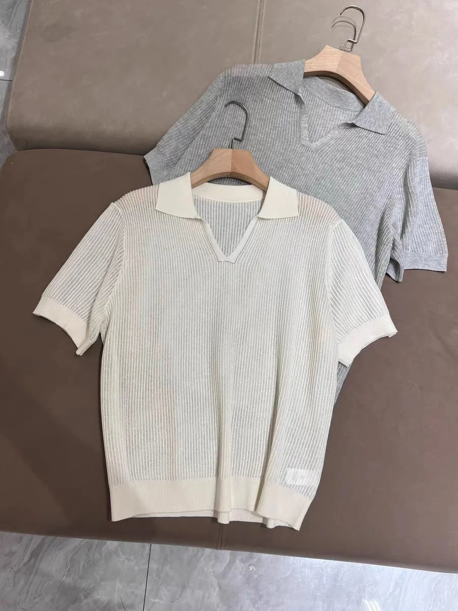 

Women White or Grey Sweater Turn-down Collar Short Sleeve Casual Summer 2024 Knitted Pullover