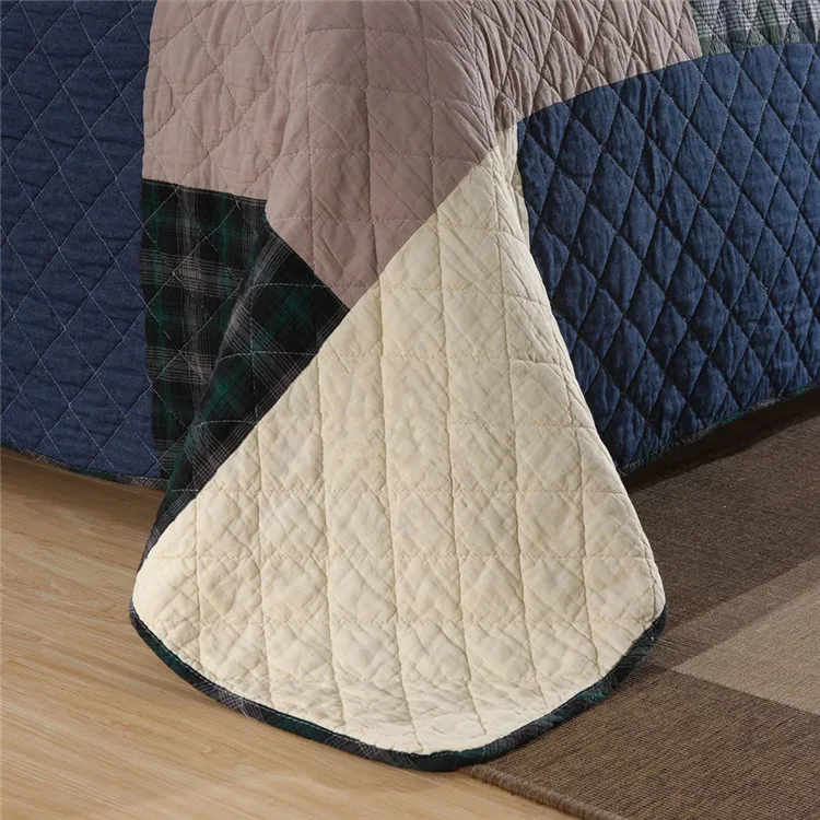 Patchwork-Baumwoll-Steppdecken-Set, 3-teilig, gesteppte Tagesdecke, Queen-Size-Bett, karierte Bettdecke, Decke im Schlafzimmer, Bettbezüge, Matratzenauflage – Detail 9