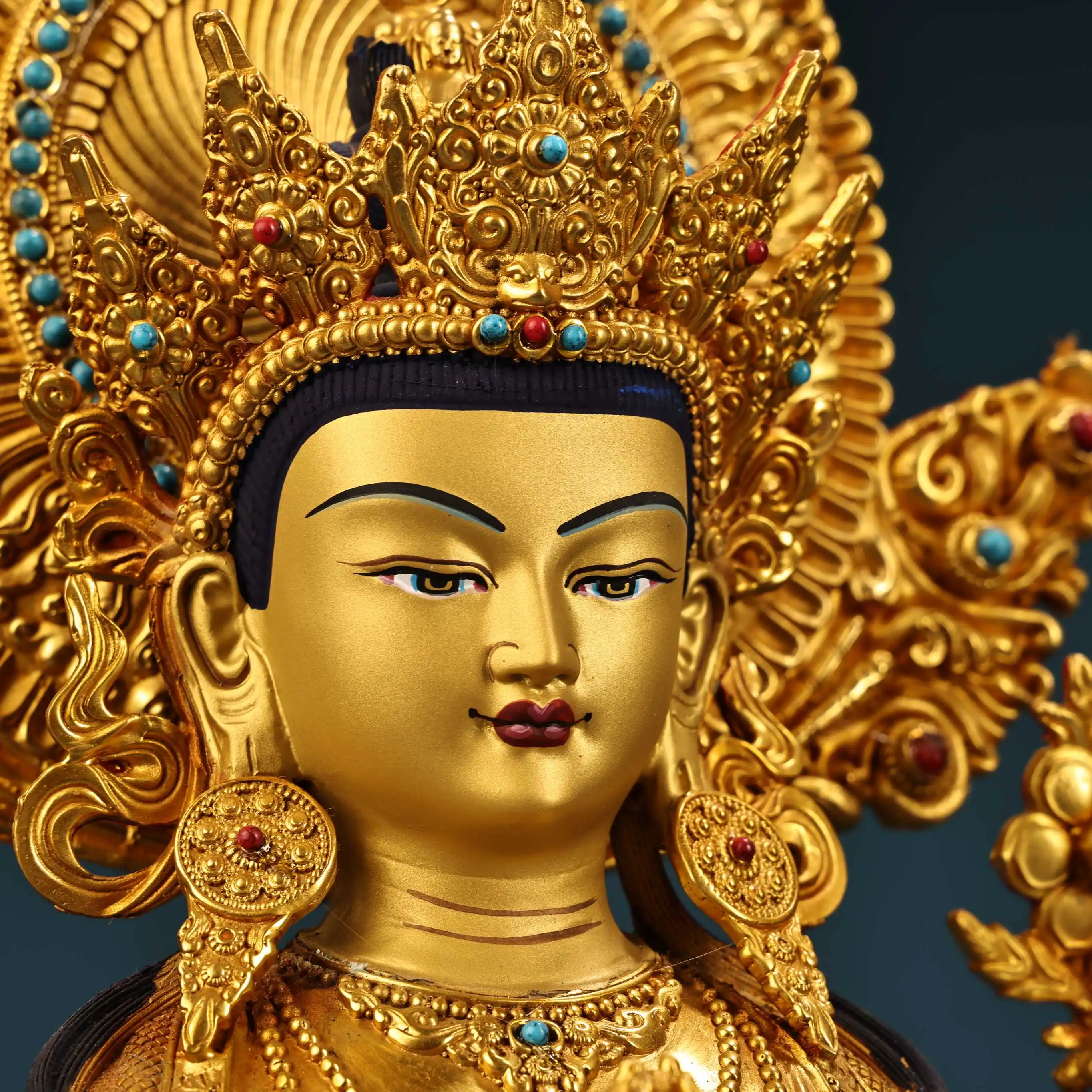 

15"Tibetan Temple Collection Old Bronze Gilded Cinnabar Mosaic Gem Four armed Guanyin Buddha Backlight Platform Worship Hall