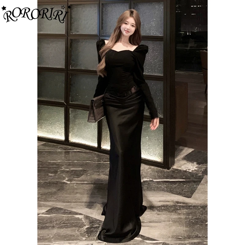 

RORORIRI Black Solid Top Skirt Women 2-piece Set Pleated Long Sleeves T-shirt Lace Stitch Satin Long Skirt Retro Formal Clothes