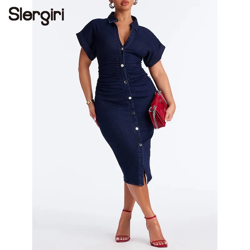 

Slergiri Elegant Ruched Denim Shirt Dress Women Fashion New 2026 Summer Single Breasted Short Sleeve Sexy Bodycon Midi Dresses