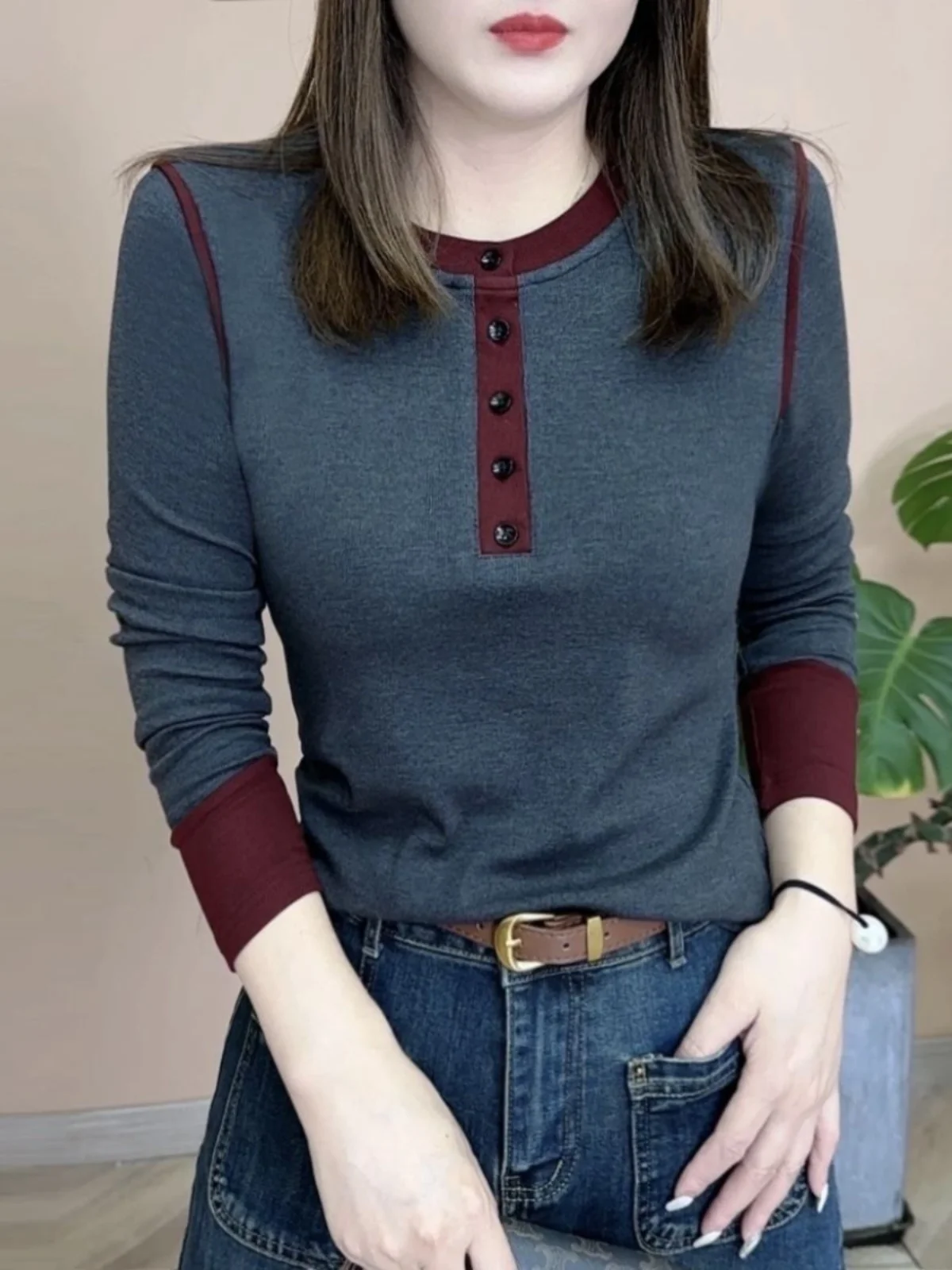 Slimming Double-Faced Velvet Long-Sleeve round Neck Base Shirt Color Block Fashionable Autumn New Style Women's Premium T-shirt