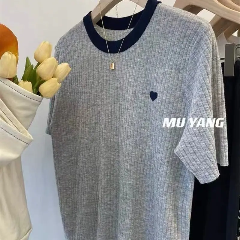 Summer Youth Women New Patchwork Colorful Loose Short Sleeved Casual Multiple Colour All-match Round Neck Printing Pullovers Top image 2