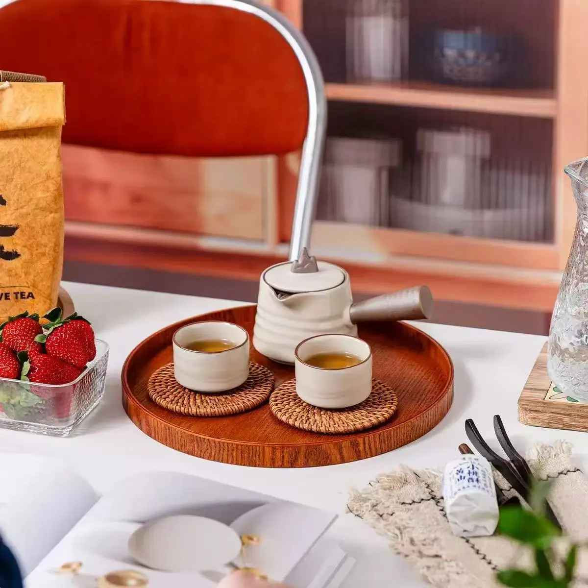 Wooden Serving Tray Tea Plate Fruits Candies Food Tray Home Decoration Round Tableware Salad Dessert Plate Kitchen Accessories