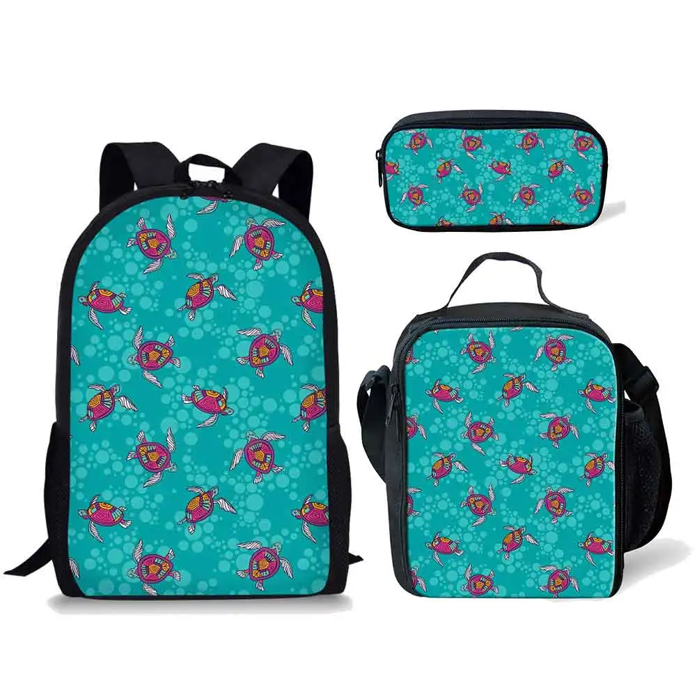 Cartoon Youthful Small Turtle Pattern 3D Print 3pcs/Set Student Travel bags Laptop Daypack Backpack Lunch Bag Pencil Case