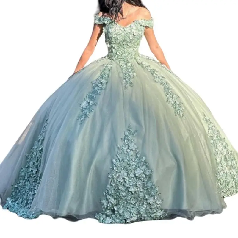 AAQ128 Customized Sage Women Birthday Party Dresses Off Shoulder Lace Applique Bow Ball Gown Prom Dress Sweet 15 Quinceanera