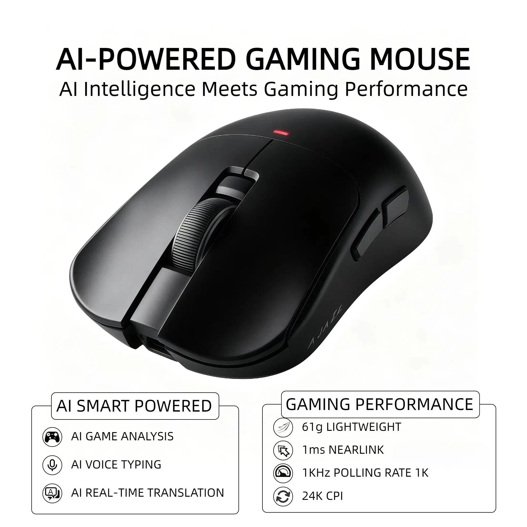 AJ200 NL AI Wireless Gaming Mouse - Triple Mode (2.4G/Bluetooth/Wired) - PAW3311 Sensor, 24000 DPI, 1000Hz, 61g Lightweight, 500mAh - AI Voice Interaction, Ergonomic Ribbed Frame