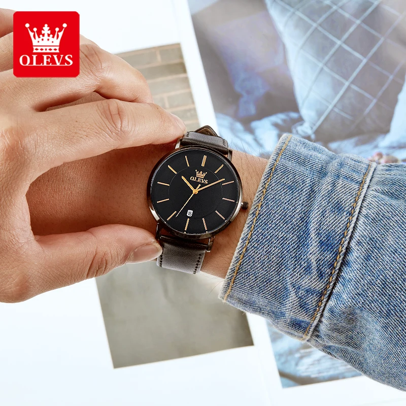 OLEVS 5869 Modische Herrenuhr aus echtem Leder, wasserdicht, Quarz, hochwertige Herren-Kalenderuhr