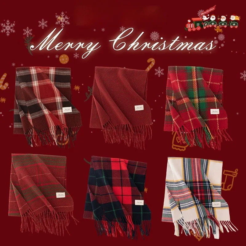 

Осенне-зимний рождественский шарф, элитный клетчатый красный новогодний зимний теплый шарф