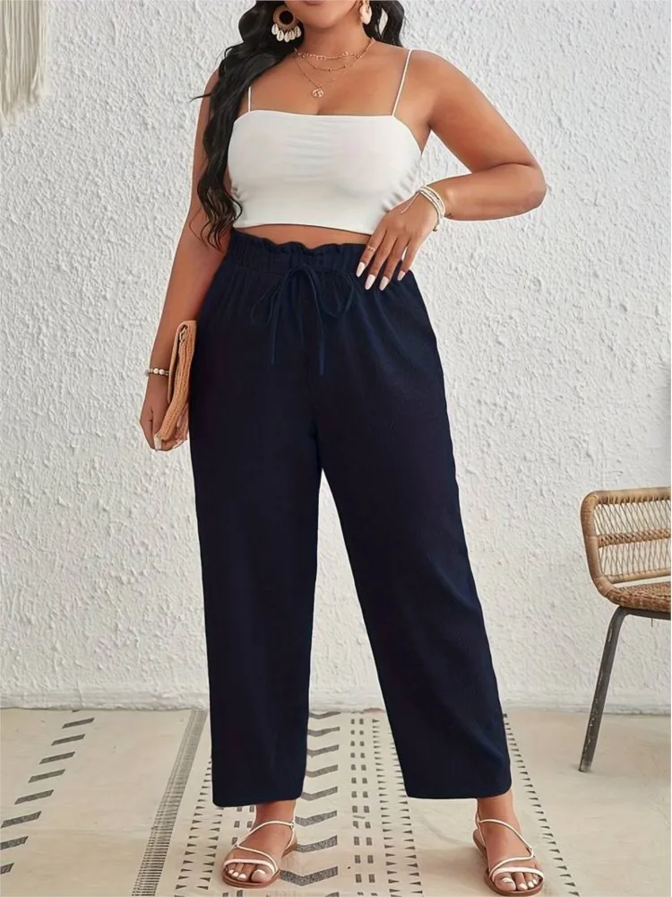 Plissado de perna larga feminina com elástico na cintura alta, calça feminina casual, longa, plus size, moda coreana, outono