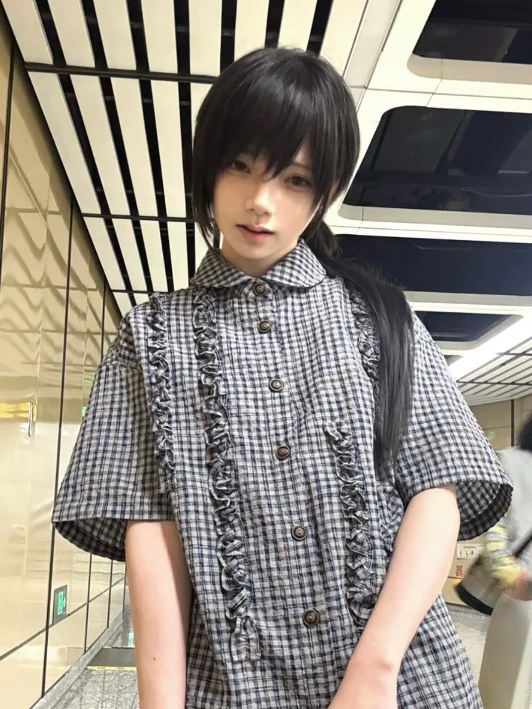

Retro Japanese Style Bubble Shirt Women's Loose Casual Summer Short Sleeve Plaid Bubble Fabric Top with Lace Hemline College ...