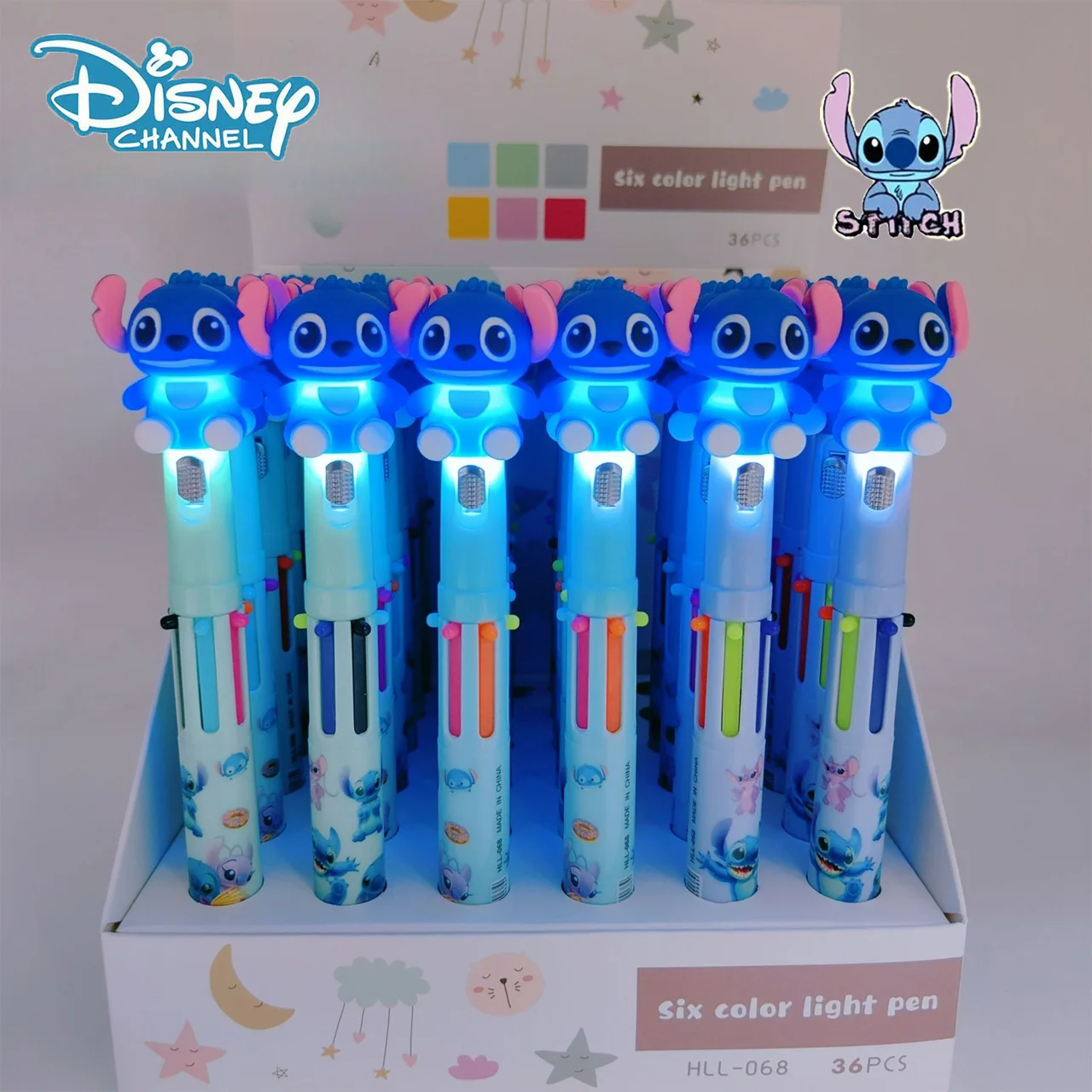 Disney Anime Stitch Glowing 6 Color Pen Multicolor Ballpoint Pen with Light Cute Stitch Figure Student Writing Stationery Gift