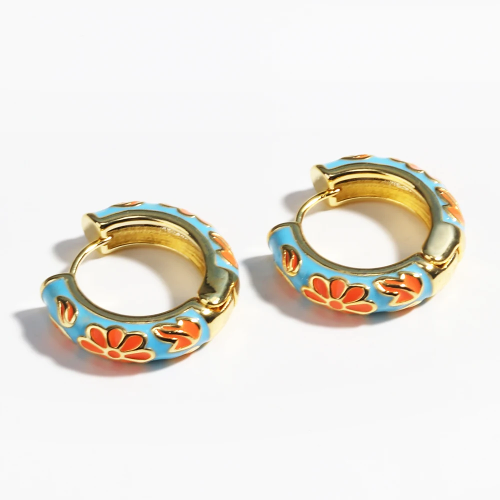 Colorful Enamel Flower Daisy Chunky Round Circle Hoop Earrings Female Gold Color Copper Ear Buckle Huggies Jewelry for Women