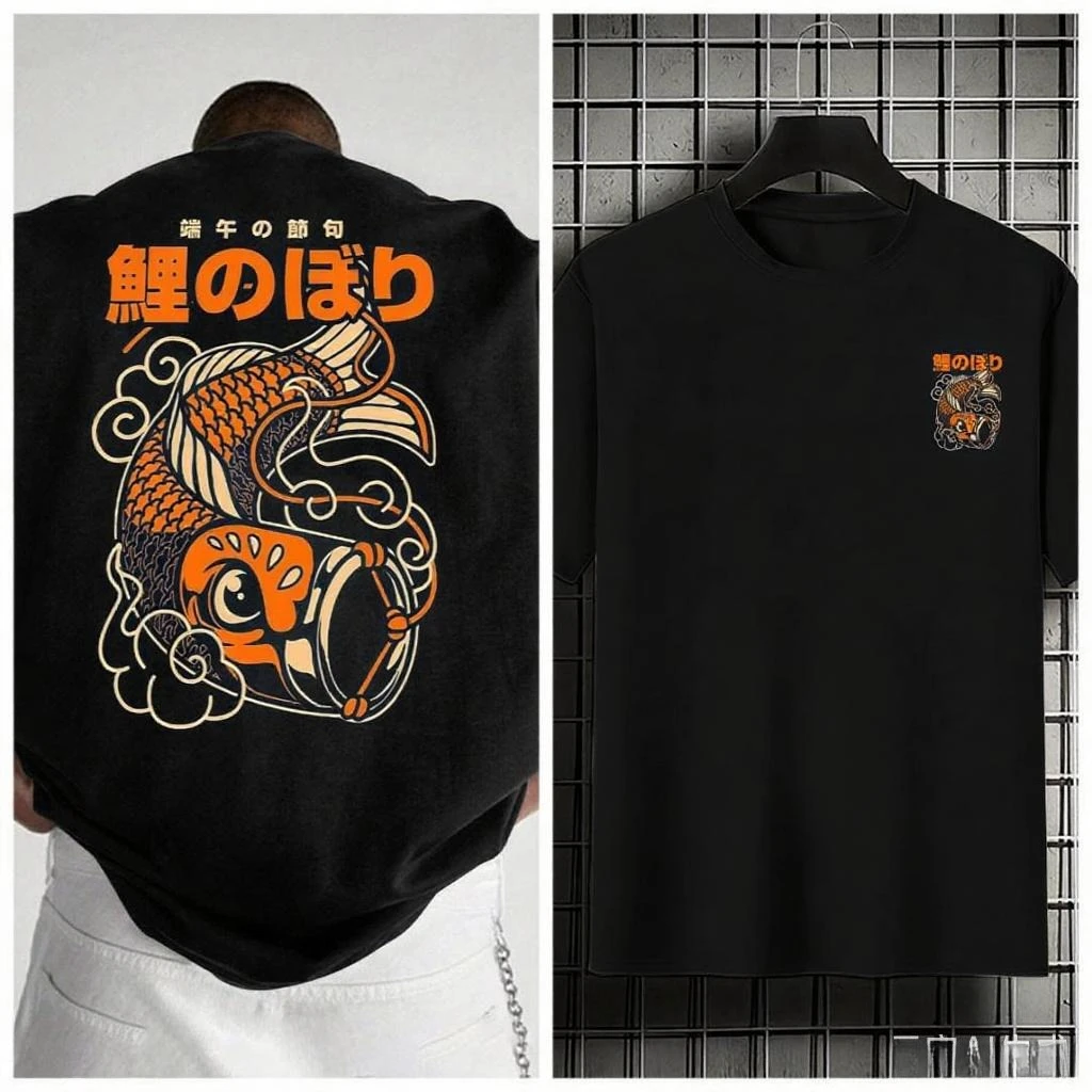 2026 Summer Men Casual Short Sleeve T-Shirt Japanese Koi Fish Cloud Print Navy Blue with Orange Artwork Men Clothing