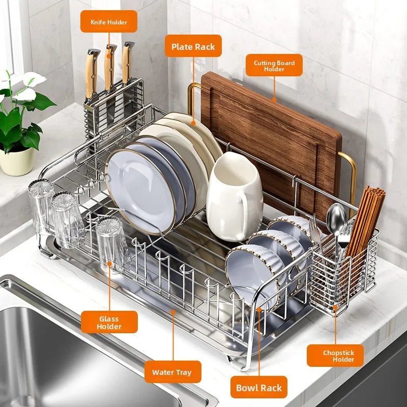 Stainless Steel 304 Kitchen Storage Rack Dish Drainer Basket Bowl Plate Drainage Stand Utensil Holder Counter Top Organizer view 3