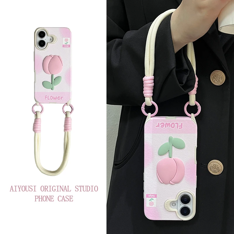 

Силиконовый тюльпан Pink Halo для Apple 15promax, чехол для телефона iPhone 16, удобная веревка 13 pro, противоударный 14promax 12 pro Crossbody