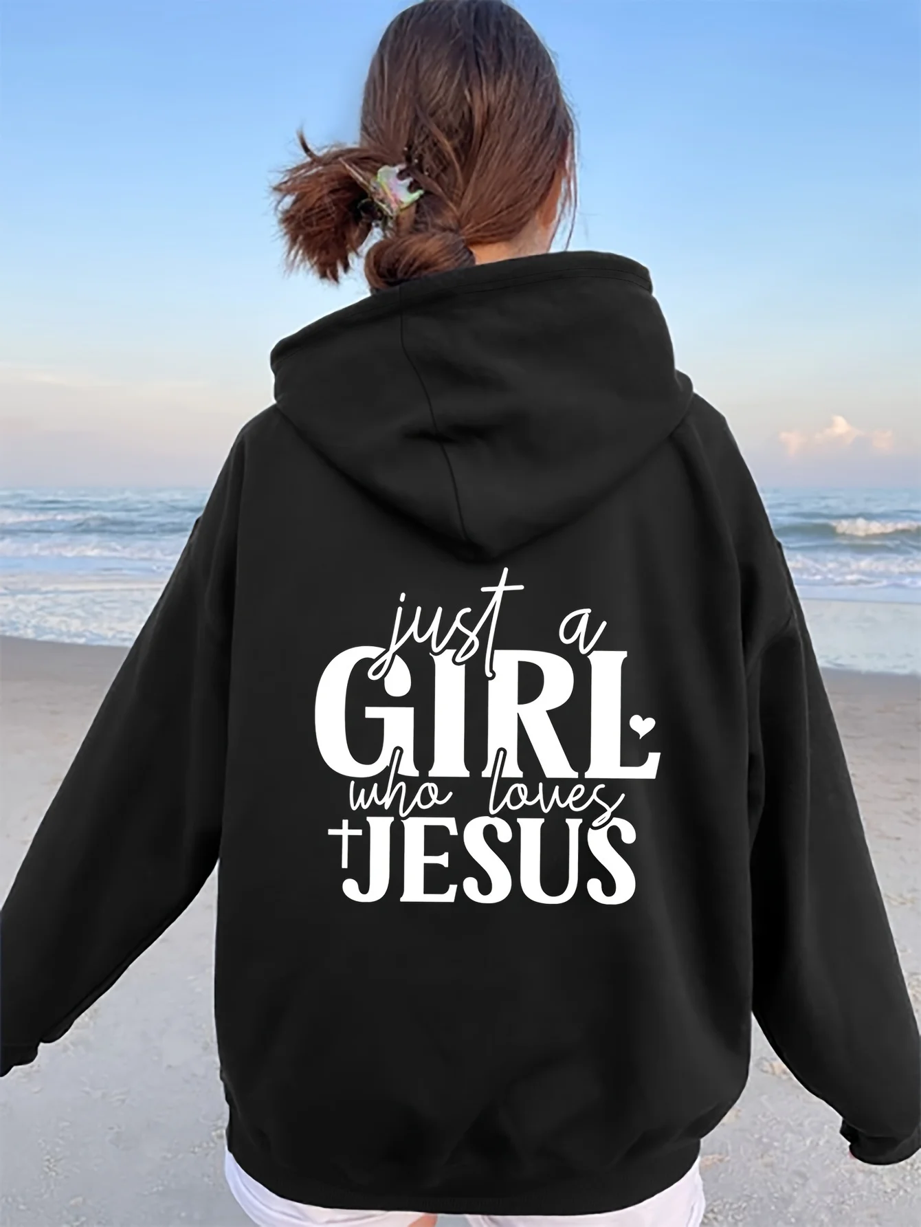 Just a Who Loves Jesus Pullover con cappuccio con stampa alfabetica a maniche lunghe con tasca a marsupio Felpa casual da donna minimalista