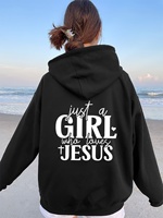 Just a Who Loves Jesus Hooded Pullover with Alphabet Print Long Sleeves Kangaroo Pocket Casual Sweatshirt for Women Minimalist