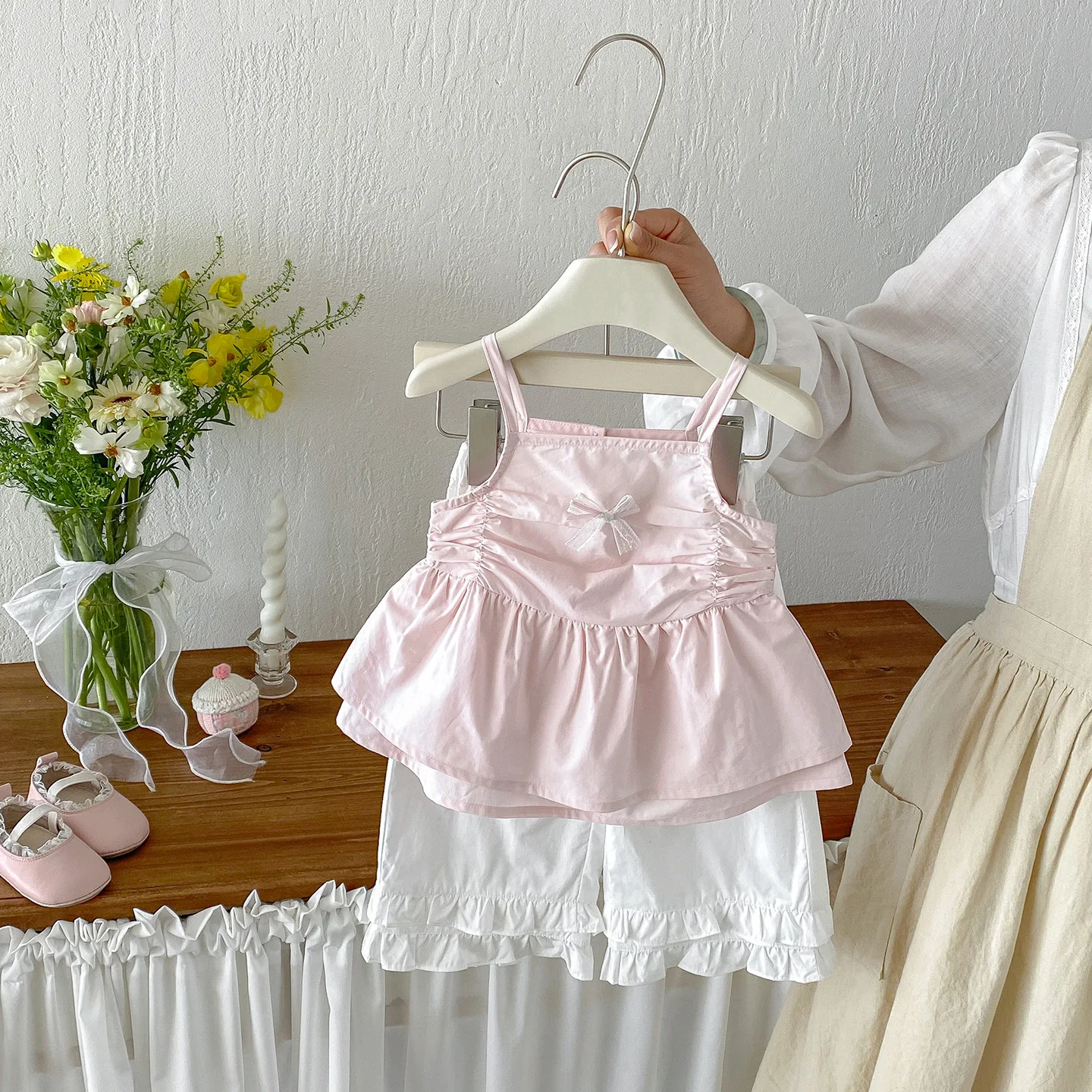 New sweet bow camisole vest for infants and young children in summer, baby casual and stylish ruffled wide leg pants